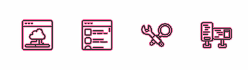Set line Cloud technology data transfer, Debugging, Browser files and Computer monitor screen icon. Vector