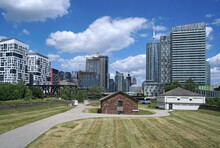 Toronto Downtown Apartment Buildings And Office Buildings, Behind Fort York Park With Remnants Of Fort From The War Of 1812
