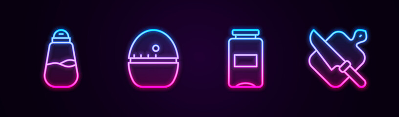 Sticker - Set line Salt, Kitchen timer, Jam jar and Cutting board and knife. Glowing neon icon. Vector