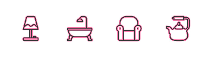 Sticker - Set line Table lamp, Armchair, Bathtub and Kettle with handle icon. Vector