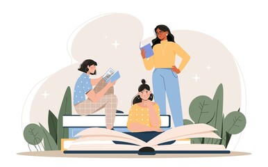 World book day. Women read, useful hobby. Love for literature, poems and stories. Students preparing for test or exam. Metaphor of distance learning and education. Cartoon flat vector illustration