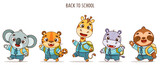 Fototapeta Pokój dzieciecy - Set of kids kawaii tropical animals go to school. Vector illustration for designs, prints, patterns. Isolated on white background
