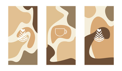 Abstract creative set on coffee background copy space for text and coffee icons. Vector concept for coffee shop and home, cafe. Simple, stylish template for social media.