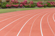 © Jeongho Byeon/Stocksy - Pink flowers seen behind the track of the stadium.