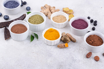 Wall Mural - Various healthy superfoods powder in bowls