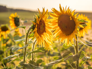 Wall Mural - Bavarian Sunflower field during sunset phase