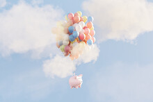 Savings Concept: Piggy Bank Floating In Sky With Balloons