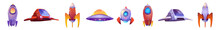 Alien Spaceship Game Icons Vector Set. Funny Rockets, Ufo Shuttles Cartoon Collection Illustrations Isolated On White Background. Fantasy Cosmic Objects, Computer Game Graphic Design Elements