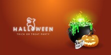 Template For A Horizontal Banner For Halloween With 3d Pumpkins, A Skull, A Witch's Bowler Hat. Neon Lettering On An Orange Background.Creepy Website Template With Space For Text