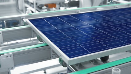 Close-up Shot of Solar Panel on Conveyor Line during Production Process at Modern Bright Automated Factory. 