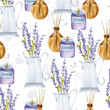Provence spa and lavender bouquet in jug watercolor seamless pattern	