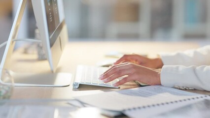 Hands of woman typing on computer keyboard. Closeup of businesswoman writing an email, doing research or chatting online with colleagues. Secretary using internet to communicate with businesspeople