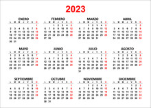 Spanish Yearly Calendar. 2023 Mockup. Annual Horizontal Template. First Day Lunes Monday. Classic Simple Minimal Design. Black Numbers On White Background.