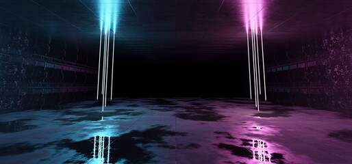 Aufkleber - Futuristic blue and pink neon lights interior. Cyber neon laser tubes in garage room hangar. Sci fi dark tunnel warehouse with metal panels wall lighted. Construction corridor 3d Rendering