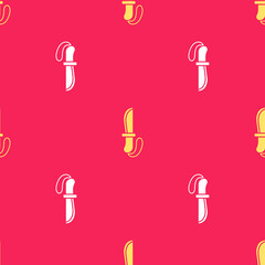 Sticker - Yellow Knife icon isolated seamless pattern on red background. Army knife. Vector