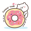 Cute white bear on donut in cartoon on white background.Character graphic design.Animal and dessert hand drawn.Yummy time text.Kawaii.Vector.Illustration.