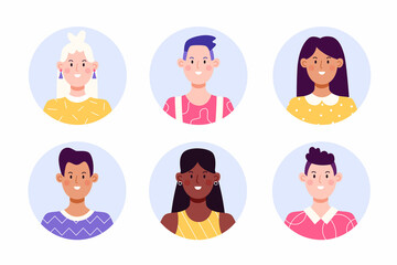 Set of circle face avatar. Collection of multiracial male and female portraits for profile icons.