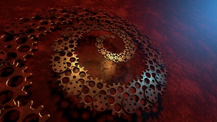 Wall Mural - Steampunk accessories. Old watch gears on dark metal background. Rusty metallic spiral. 3D rendering