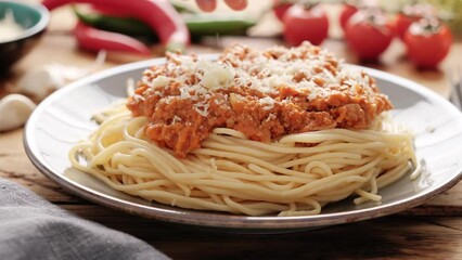 Wall Mural - Pasta bolognese. Traditional italian dish of pasta with tomato and meat mince sauce served in a plate with parmesan cheese and thyme, video 4k