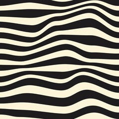 Wall Mural - Wavy stripes background. Abstract geometric monochrome texture.  Black wavy distorted stripes on a beige background. Vector illustration