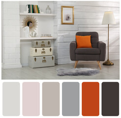 Canvas Print - Color palette and photo of stylish room interior with comfortable armchair. Collage