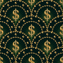 Seamless Green Pattern With Fan Shaped Grid, Shiny Gold Dollar Sign, Chains, Ball Beads, Thin Color Rays Inside Of Grid Cell. Classic Luxury Background.