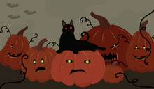 Creepy Halloween Background With A Cat And Pumpkins. Sppoky Black Cat With Red Eyes. Vector Illustration