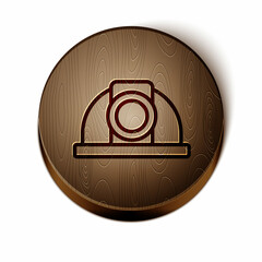 Poster - Brown line Worker safety helmet icon isolated on white background. Wooden circle button. Vector