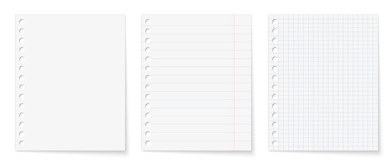 Notebook sheets with holes. Realistic blank paper sheets of lines and squares. 