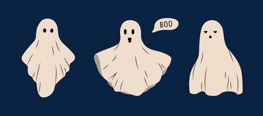 Set of ghosts. Funny ghost monsters on a dark background for Halloween. Flying cloth. Phantoms in different poses and with different emotions. Vector illustration.