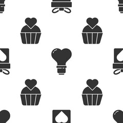 Sticker - Set Gift box with heart, Heart shape in a light bulb and Wedding cake with heart on seamless pattern. Vector