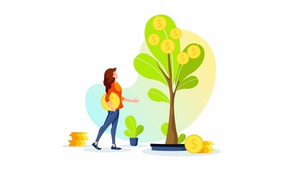 Wall Mural - Growing tree with coins and woman picking cash from the money tree. Making money, Profit and income, financial success, investment concept. Animation video.