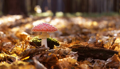 Wall Mural - amanita muscaria mushroom in autumn leaves close up, natural blurred forest background. Fly agaric, wild poisonous red mushroom in yellow-orange fallen leaves. harvest fungi concept. fall season