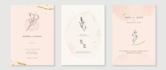 Luxury fall wedding invitation card template. Watercolor card with gold line art, flowers, leaves branches, foliage. Minimal autumn botanical vector design suitable for banner, cover, invitation.