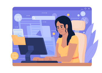 Web artist portfolio 2D vector isolated illustration. Remote work searching flat character on cartoon background. Colourful editable scene for mobile, website, presentation. Comfortaa font used