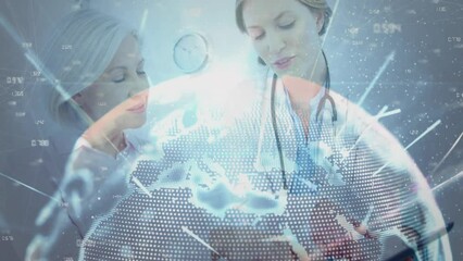 Wall Mural - Animation of globe and coordinates over diverse female doctor and patient talking