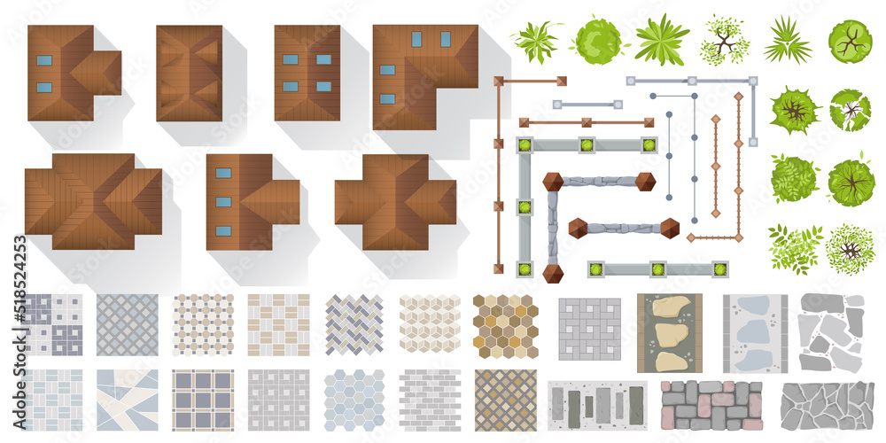 Architectural and Landscape elements top view for town, village. Set of ...