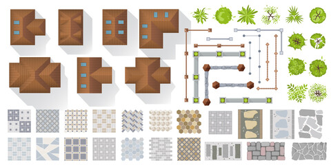 Wall Mural - architectural and landscape elements top view for town, village. set of houses, plants, garden, fenc