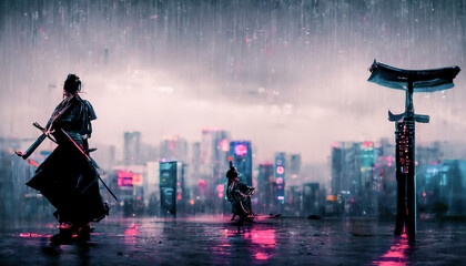 Samurai on the background of the night neon city, rain. Dark rainy streets, neon lights in the dark. Samurai silhouette, dark city streets, smoke, smog, blurred background. 3D illustration.