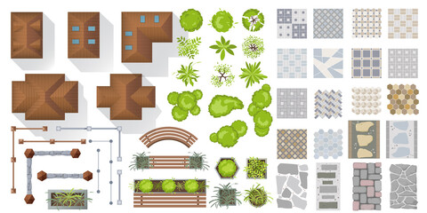 Wall Mural - Architectural and Landscape elements top view for town, village. Set of houses, plants, garden, fence, tree, outdoor furniture, tile path for project, plan, map, yard. Collection. View from above