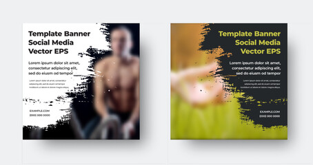 Wall Mural - eps standard vector banner template, corner with white, black brush stroke, blurred photo on the bac