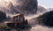 An Artistic House In The Middle Of A Mountain Range. Mountains In The Background. Natural Colors, Painting Illustrations.