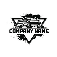 Double Cabin Pickup Car Vector Logo, Used For Automotive Company Logos. With A Triangular Badge Background And Paint Spray.