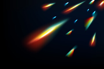Rainbow highlights on a black background.Glare or reflection from water and glass.Glittering particles for social media backgrounds, product presentations, photo shots.