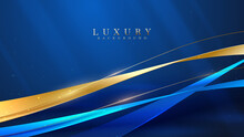 Blue Luxury Background With Gold Ribbon Decoration And Glitter Light Effect Elements.