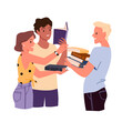 People exchanging different books. Borrow and lend study materials, book festival, literature fans bookcrossing, library textbooks, reading and learning lovers vector illustration