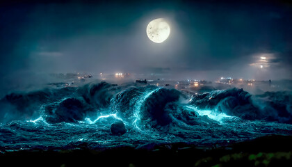 Night fantasy seascape with beautiful waves and foam. Night view of the ocean. Neon foam on water waves. Reflection in the water of the starry sky. 3D illustration.