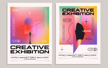 Creative Exhibition Flyer Or Poster Concepts With Abstract Geometric Shapes And Human Silhouettes On Bright Gradient Background. Vector Illustration