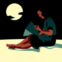 Reading Under The Moonlight, The Girl Who Reads In The Moonlight On The Beach