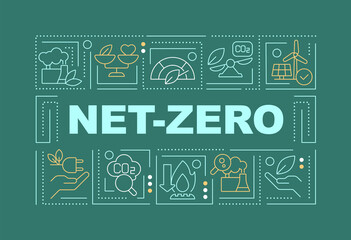 Net zero word concepts dark green banner. Decarbonization. Infographics with editable icons on color background. Isolated typography. Vector illustration with text. Arial-Black font used